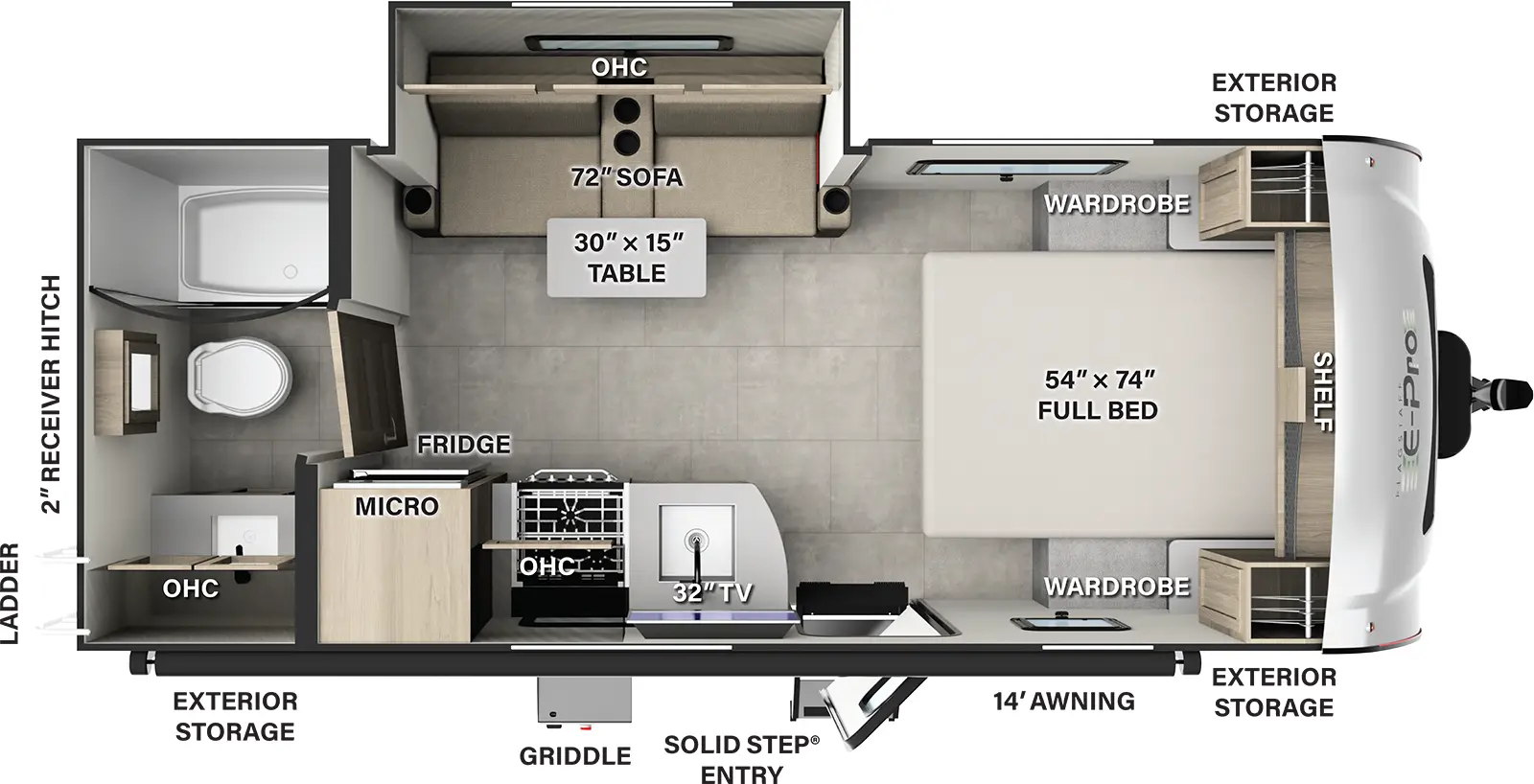 The Flagstaff E-Pro E20FBS has one entry and one slide out. Exterior features include: fiberglass exterior and 14' awning. Interiors features include: front bedroom and rear bathroom.